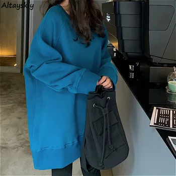 Hoodies Sieviešu Pavasara Šiks Korejiešu Stilā, Moderns Ikdienas Tīņi Cietā Ērtu Apģērbu Ar Garām Piedurknēm Dāmu Apģērbu Zilā Ins O-Veida Kakla