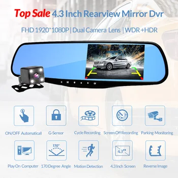 Jaunākās 4.3 Collu Auto Dvr Full HD 1080P Atpakaļskata Spogulī, G-Sensors, Dual Objektīvs Ar Atpakaļskata Kamera Nakts Redzamības Auto Video Reģistrators