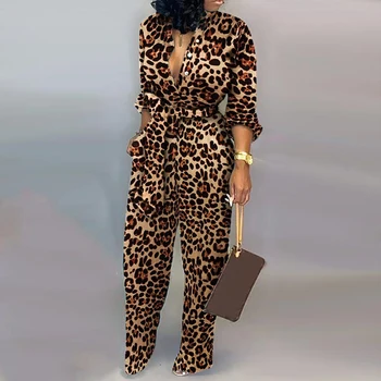 Rudens Mežģīnes Up Pārsējs Jumpsuit Sievietes Sexy Dziļu V veida Kakla Garas Piedurknes Pogu (Dungriņi) Elegants Leoparda Maskēties Drukāt Kombinezonus XL