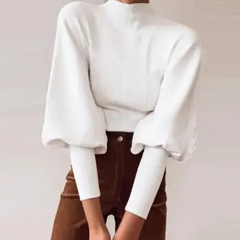 Sieviešu Trikotāžas augstu uzrullētu apkakli Džemperis Rudens Ziemas Ilgi Laternu Piedurknēm Modes Sieviešu Džemperi 2020. Gadam Dāmas Melnu Džemperi Džemperi