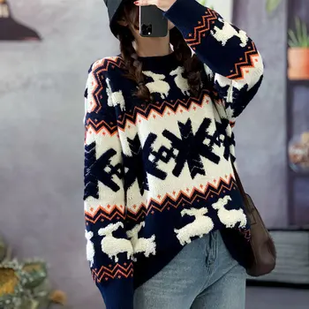 DIMANAF Plus Lieluma Džemperis Sievietēm Adīšanas Džemperi Ziemassvētku Stilā Drukāt Silts Sarkans Modes Gadījuma Vintage Ziemas Zaudēt Jauno Gadu