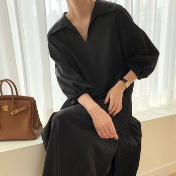 GALCAUR korejiešu Kleita Sievietēm Atloks Apkakli Laternu Trīs Ceturtdaļu Piedurknēm Raibs Kroku Dizaineru Kleitas, Sieviešu Apģērbu 2020
