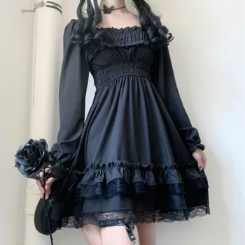 Salda Meitene Cute Japāņu Gothic Dark Angel Lolita Kleita Vintage Laukumā Apkakles Mežģīņu Izšūšanas Puff Piedurknēm Sexy Goth Sieviete Kleita