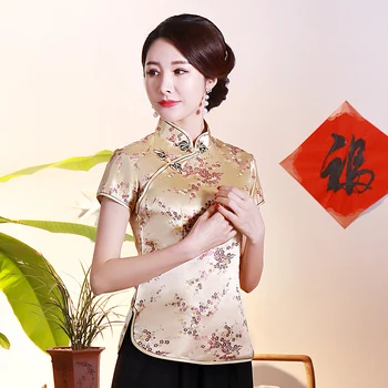 Seksīga Sieviete Ziedu Īsām Piedurknēm Blūze LIELAJAM S-4XL Ķīnas Vintage Krekls Mandarīnu Apkakles Topi Tradicionālo Tang Apģērbi