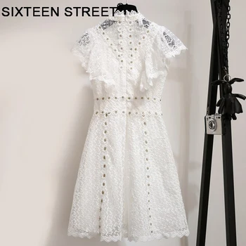 Balts mežģīņu vintage mini kleita sieviete stand apkakli, īsām piedurknēm dobi no elegants puse īsu kleitu Jaunā pavasara vasaras sexy vestido