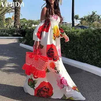VONDA Bohēmietis Dress Sievietes Ir 2021. Vasaras Pludmales Sexy Pie Pleca Ziedu Drukāt Maxi Garas Svētku Kleitas Plus Lieluma Vestidos 5XL