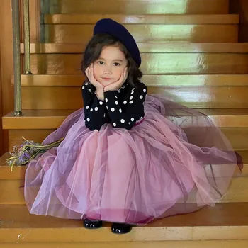 Bērniem Princese Kostīmu Kleitas Meitenēm Rudens Tutu Tērpiem Polka Dot Mežģīnes Garām Piedurknēm Kleitas Puse Mežģīņu Kleita Ziemassvētku