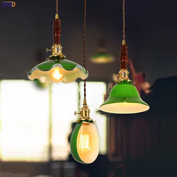 IWHD Ziemeļvalstu Zaļo Stikla Piekariņu Gaismas Ķermeņi Japāņu Stilā Guļamistaba, Dzīvojamā Istaba Koka Vara Vintage Lampas dekors Gaismas LED