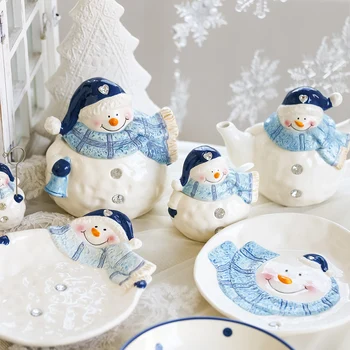 JAUNO Sniegavīrs galda Gudrs keramikas rotas dekoratīvie snack bowl tējkanna uzglabāšanas trauciņu garšvielu pudeļu plāksnes sniegavīrs trauki