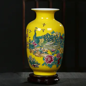 Trīs gabals, kas no Keramikas Vāze Jingdezhen Dzeltena Pāvs Porcelāna Vāze Mūsdienu Mājas Dekorēšana Dzīvojamā Istaba Ziedu kompozīcijas