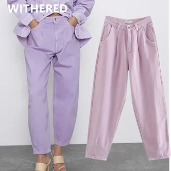 Nokalta vasarā anglija vintage purpura krāsa mamma džinsi sieviete Rāceņu bikses augsta vidukļa džinsus kroku draugs džinsi sievietēm