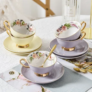 Keramikas kafijas tasi set Eiropas izsmalcinātu zelta loka krāsu glazētas kafijas tase un apakštase pēcpusdienas tējas tasi ziedu tējas tase