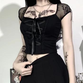 Vasaras Topi Goth Vintage T-krekls Sievietēm Bodycon Pārsējs Mežģīnēm Melni T-krekli Gothic Streetwear Sexy Sieviete Top Gadījuma Acs Tee