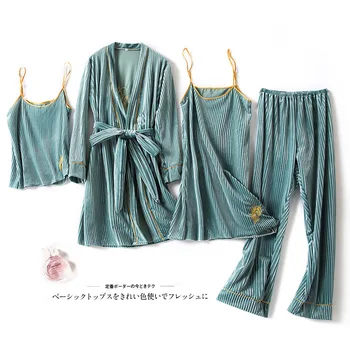 Sieviešu 4GAB Pidžamu Uzvalks Sleepwear Rudens Ziemas Mīksta Velūra Zaļo Mežģīņu Naktsveļu Homewear Samta Mājas Apģērbu Miega Komplekts