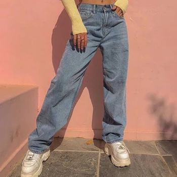 Ir 2021. Sieviešu Jaunā Pavasara E-Meitene Vintage Modes Slim Džinsa Streetwear Gaiši Zils Taisni Džinsi Ar Augstu Vidukli, Zaudēt Bikses