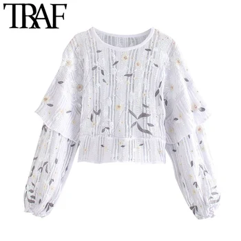 TRAF Sieviešu Modes Ar Sequined Mežģīņu Adīti Džemperi Vintage O Apkakli, garām Piedurknēm, Sieviešu Džemperi Šiks Topi