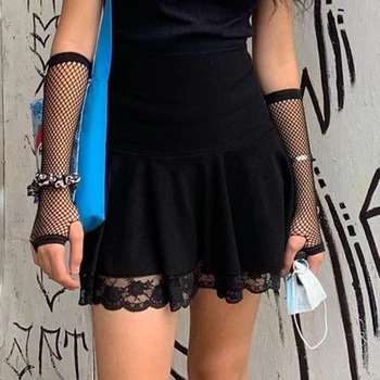 SUCHCUTE Gothic Black Sieviešu-Line Svārki y2k Modes Mežģīnes Raibs Sieviešu Mini Svārki 2020. Gadam Streetwear E Meitene Puse, 90. gadu Tērpiem