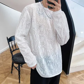 Vīrieši Žakarda Mežģīnes, Caurspīdīgi Balta, ar garām Piedurknēm T-kreklu apdruka Vīriešu Sieviešu Pāris Streetwear Vintage Modes t-veida Krekli Posmā Apģērbi