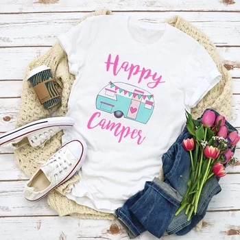 Sieviešu Grafiskais Road Trip Happy Camper Karikatūra Izdrukāt Vasaras Kreklu, Dāmu Topi, Drēbes, T-Kreklu Apdruka Vīriešu Apģērbs Tee Sieviešu T Krekls