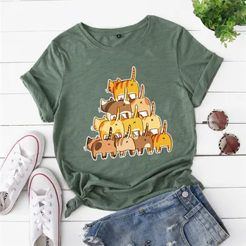 Plus Izmērs S-5XL Kokvilnas T-Krekls Smieklīgi Suņi Kaķi Drukāt Sieviešu T Krekli O Apkakli, Īsām Piedurknēm Tee Vasaras Sieviešu T Krekls Topi