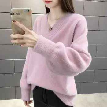 Rudens ziemas V-veida kakla ūdeļu samta džemperis sieviešu džemperis korejiešu versija zaudēt ārējā valkāt biezas trikotāžas tops zemāko krekls