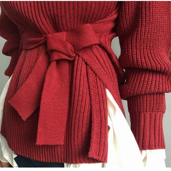 Augstu uzrullētu apkakli Dāmas Puff Sleeve Sieviešu Trikotāžas Džemperis Jaunu 2019 korejas Modes Ar Jostu Džemperi Un Elegants Džemperis Džemperi