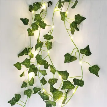 2M Mākslīgā Efeja Vainags Viltus Lapu Augi Vīnogulāju ar 20 LED String Light Zaļo Puķes, Karājas uz Mājām Kāzu Xmas Party 30