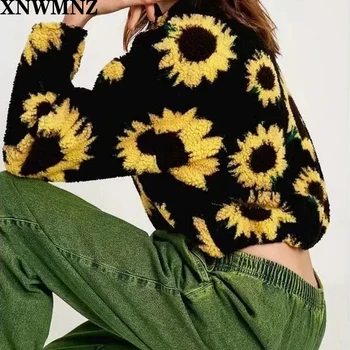 Za Rudens ziemas korejiešu jaunā Sieviešu modes Drukāt Saulespuķu Jēra Vilnas Sweatershirt Sieviešu Džemperis Modes garām Piedurknēm Džemperis