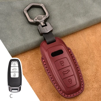 Auto Atslēga Vāciņu Īstas Ādas Atslēgu Lietā piemērots Audi A6 C8 A7 A8 Q8 2018 2019 2020 Taustiņu Gadījumā Aizsargātu Keychain Atslēgu Gredzens