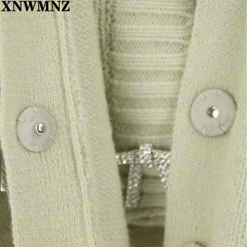 XNWMNZ Za sieviešu vintage Adīta jaka ar rhinestone pogas, V-veida kakla ar garām piedurknēm salātu apdares sieviešu virsdrēbes modes šiks topi