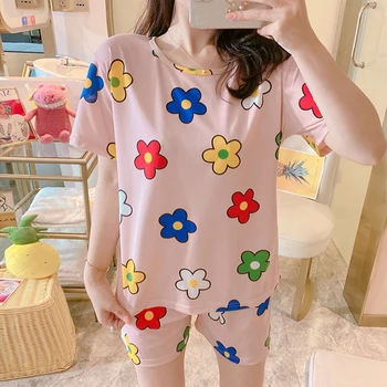Vasarā Sievietēm Ērti Cute Pidžamas Komplekts Meitene Drukāt Pyjama Kopa Ar Īsām Piedurknēm Sleepwear Tērps Sievietēm Nightshirt Komplekti