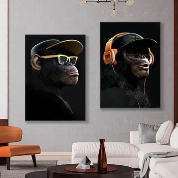 Austiņas Brilles Gorilla Mērkaķis Smieklīgi Plakātu Mākslas Drukāt Mūsdienu Audekls Gleznošanai Pop Modes Sienas Attēlu Dzīves Telpu Dekorēšana