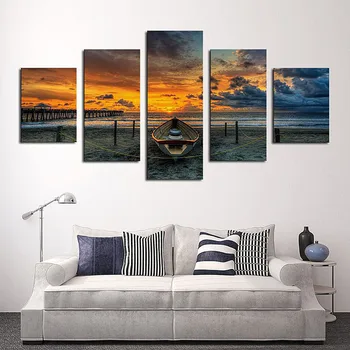 HD Regulējumu, Mājas Dekoru Kanvas Glezna, Plakāts 5 Panelis Sunset Ainava Un Laivu Mūsdienīga Sienas Māksla, Dzīvojamā Istaba Iespiesti Attēli