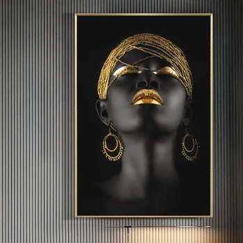 Mūsdienu Afrikāņu Mākslas Zelta Lūpu Sievietes Eļļas Glezna uz Audekla Sienas Māksla Plakātu un Izdrukas Skandināvijas Attēlu Mājas Apdare