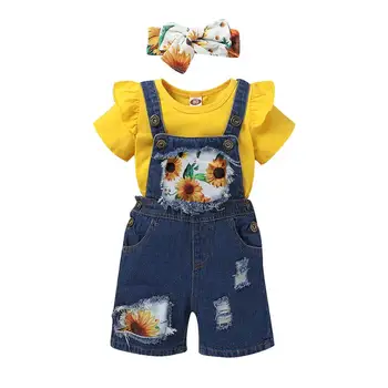 Bērnu Apģērbu 12 Mēnešu laikā Meitenes maziem bērniem Vasarā Boutique Tērpiem Dzeltenas Bikses Piedurknēm T-krekls Saulespuķu Zeķu Džinsu Bikses
