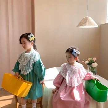 Ir 2021. Pavasara New Baby Girl Apģērbu Meitenēm Ar Garām Piedurknēm Kleita Bērni Mežģīņu Apkakle Princese Kleitas Kokvilnas Meitene Kleita