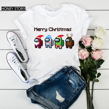 Starp Mums Spēle Ziemassvētku Cepuri Karikatūra Izdrukāt Sieviešu T-krekls Harajuku Kawaii Femme Modes Īsām Piedurknēm Topi 90s Meitenes Smieklīgi Tshirt