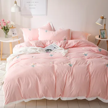 Denisroom rozā gultas komplekts margrietiņas Sega sedz, King Size Karalienes Mierinātājs, Komplekti gultas loksnes un Spilvendrāna Komplekti YT65#