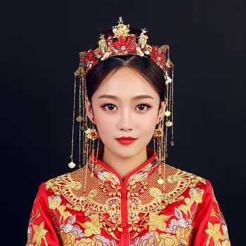 Ķīniešu stilā red Phoenix vainagu līgavas matu rotājumi kāzu tiara matu rotas