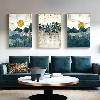 Ziemeļvalstu Abstraktās Ģeometriskās Kalnu Ainavas Sienas Mākslas Audekls Gleznošanai Golden Sun Art Plakātu Drukas Sienas Attēlu Dzīvojamā Istaba