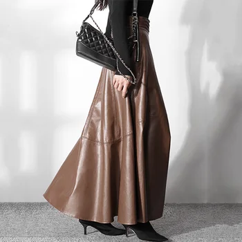 Brūna Vintage Sānu Rāvējslēdzējs Pu Ādas Ilgi Svārki Sieviešu Modes Streetwear 2020 Rudens Ziemas Augsto Vidukli Maxi Svārki, Sieviete Apakšā