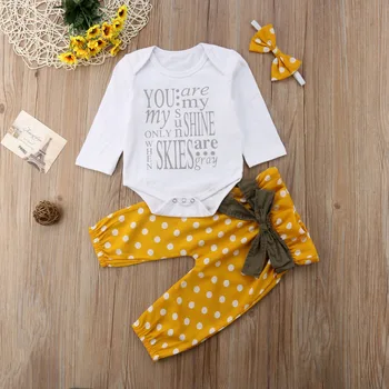 Pudcoco ASV Akciju Jaundzimušā bērna Baby Meitenes Vēstuli Romper Top+Priekšgala Dot Bikses garās Zeķes+Galvas Apģērbs, Apģērbu Set 3PCS