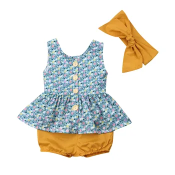 0-24M Baby Girl Vasaras Ziedu Princese Kleita bez Piedurknēm Topi+Bikses+Galvas Jaundzimušais Meiteņu Apģērbu Komplekti 3Pcs Tērpiem