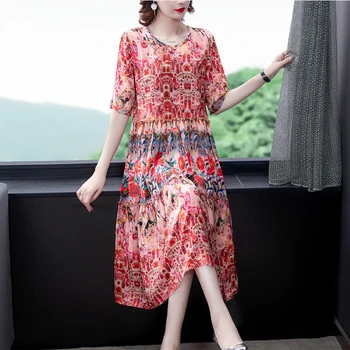 Ir 2021. Vasaras Vintage Red Mulberry Zīda Midi Kleitas Modes 4XL Plus Size Print Skrejceļa Kleitu Elegants Sieviešu Bodycon Puse Vestidos