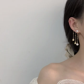 Modes Pērle Zelta Auskari Ar Garu Ķēdi Zvaigžņu Pušķis Earings Sievietes Šarmu Korejas Rotaslietas