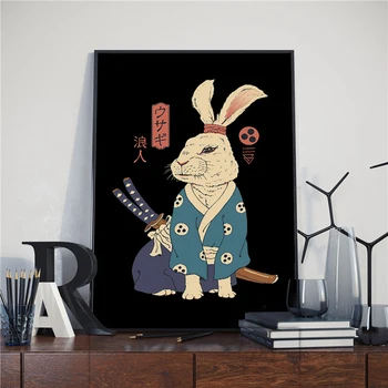 Japāņu Samuraju Karikatūra Kaķis Krāsošana Plakāti Dzīvniekus Audekla, Gleznas, Sienu Mākslas Mājas Guļamistaba Dekorēšana bez rāmīša