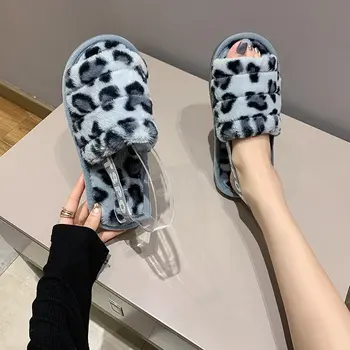 Modes Leopard Caterpillar Čības Dzīvnieku Sexy Ziemas Sievietes Pūkains Slaidi Silts Plīša Sieviešu Mājas Čības Zapatos Para Mujer