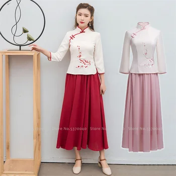 Tradicionālā Ķīniešu Hanfu Apģērbi Sievietēm Qipao Svārki Cheongsam Topi Jauno Gadu Vintage T-Krekls Tang Uzvalks Posmā Puse Kleitas