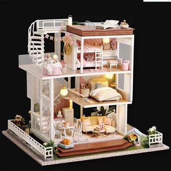Salikt DIY Koka Mājas Komplekts Rotaļlieta Ar Miniatura Mēbeles, Leļļu Mājas, LED Mājas Dekorēšana, Kāzu Dāvanas Ziemassvētkiem