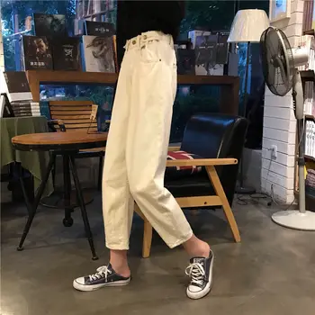 Džinsi Sieviešu Plus Lieluma Cietā Augsta Vidukļa Ulzzang Harajuku Korejiešu Stilā Vintage Modes Sieviešu Bikses Kabatas Vienkārši Šiks